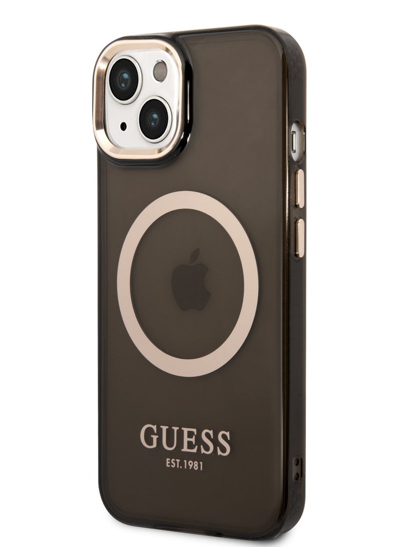 GUESS iPhone 14  Case MagSafe Back Cover with Translucent Gold Outline / Lifted Ring Case / Slim Profile / Easy Snap-On / Drop & Bumper Protection - Black - Image 2
