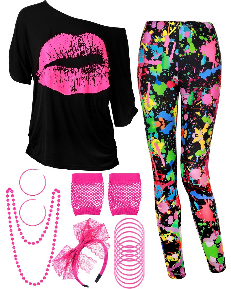 Blulu 80s Women Costume Set, T Shirt, Legging Pants Earring Necklace Gloves Bracelet (X-Large, Short Sleeve Spray Printing) - Image 1
