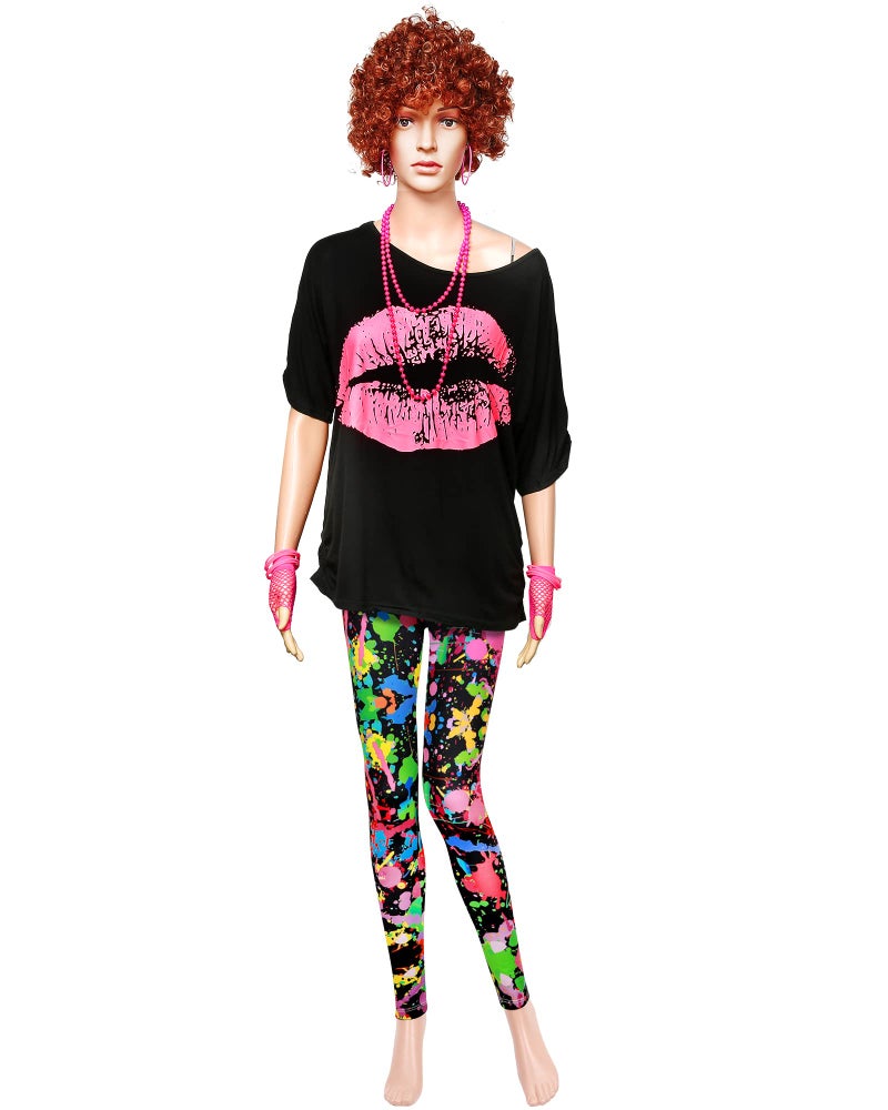 Blulu 80s Women Costume Set, T Shirt, Legging Pants Earring Necklace Gloves Bracelet (X-Large, Short Sleeve Spray Printing) - Image 4