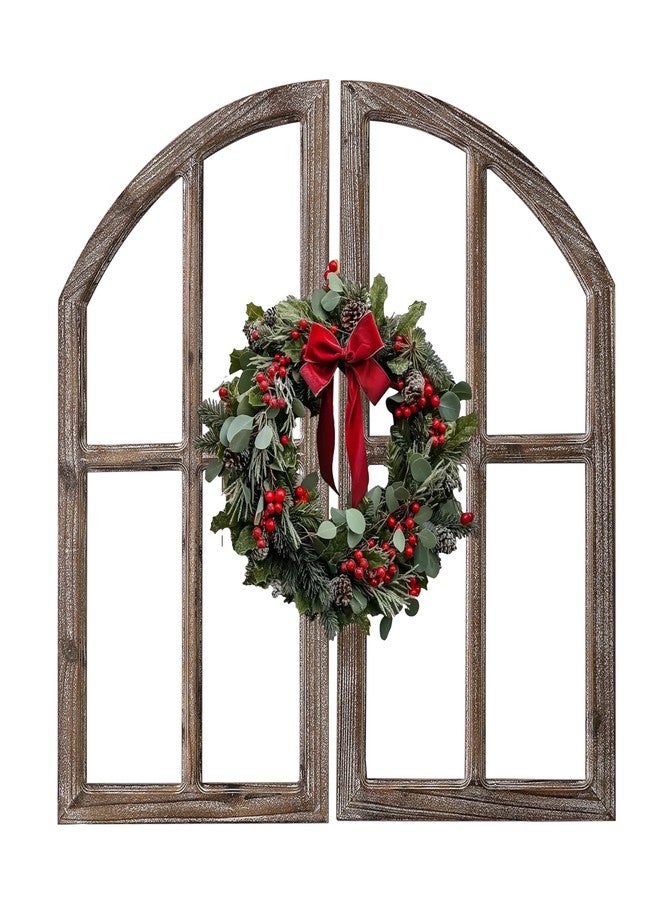 Sintosin Farmhouse Window Frame Wall Decor 30 Inch, Set of 2 Washed White and Burning Finish Wooden Arched Window Pane, Rustic Cathedral Wall Decor for Living Room Entryway Indoor - Image 1