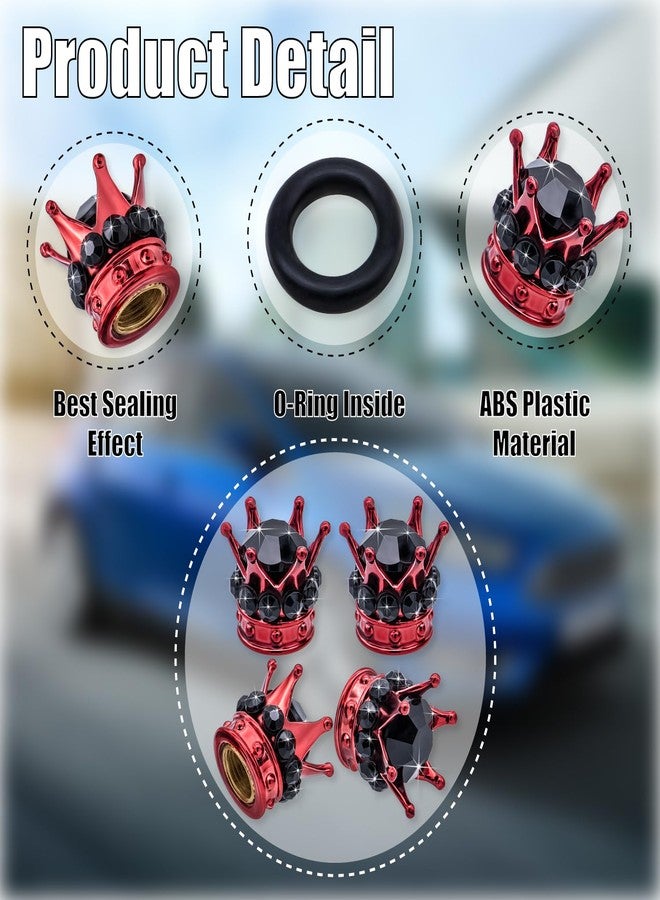 MEAJOO 4PCS Crown Bling Tire Stem Valve Caps, Crystal Diamond Car Wheel Tire Valve Caps Universal Copper Core Stem Covers for Cars, SUV, Trucks, Bikes, Motorcycles, Bicycles (Red & Black) - Image 3