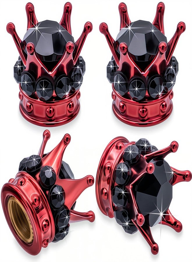 MEAJOO 4PCS Crown Bling Tire Stem Valve Caps, Crystal Diamond Car Wheel Tire Valve Caps Universal Copper Core Stem Covers for Cars, SUV, Trucks, Bikes, Motorcycles, Bicycles (Red & Black) - Image 1