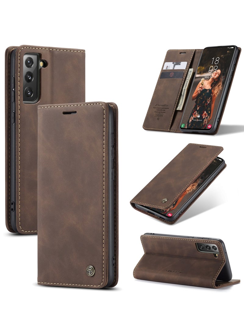 CaseMe CaseMe Samsung Galaxy S21FE Case Wallet, for Samsung Galaxy S21FE Wallet Case Book Folding Flip Folio Case with Magnetic Kickstand Card Slots Protective Cover - Coffee  - Image 1