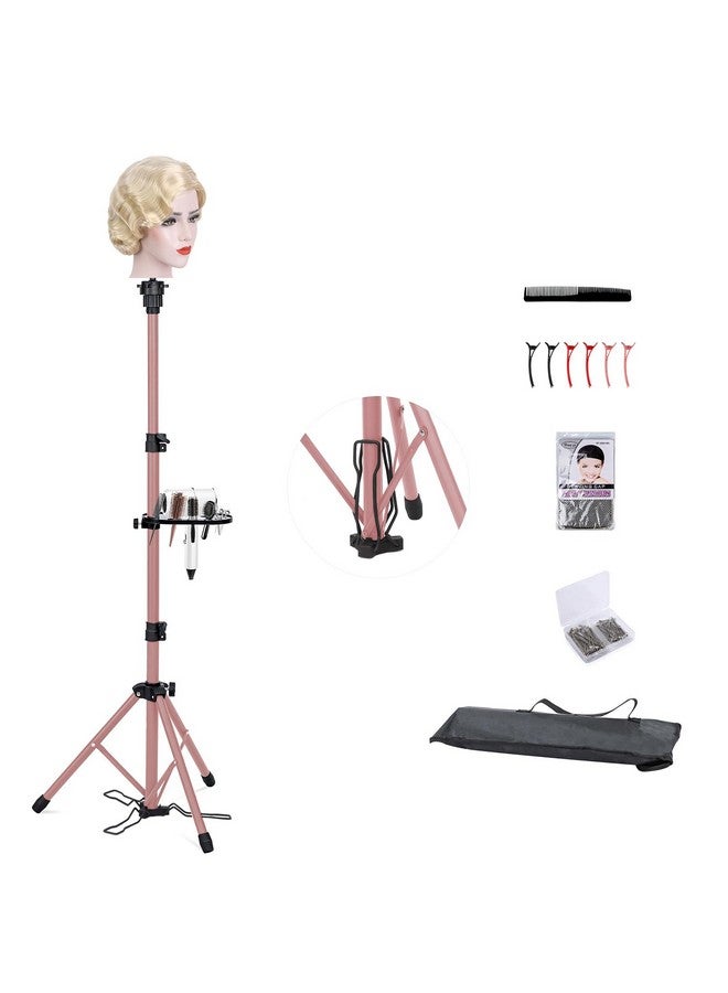 Klvied Metal Wig Stand Tripod with Foot Panel,Adjustable Mannequin Head Stand Tool Tray, Wig Head Stand for Styling,Tripod for Mannequin Head,Rose Golden - Image 1