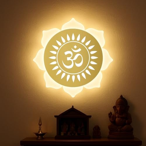 Lamp master Flower Om LED Wall Light - Gold & Frosted Acrylic | 23cm | Warm White | Ideal for Temple, Living Room, Bedroom, Pooja Room, Mandir, Shops, Hotel (Flower - Om - Gold) | 1 Year Warranty - Image 1
