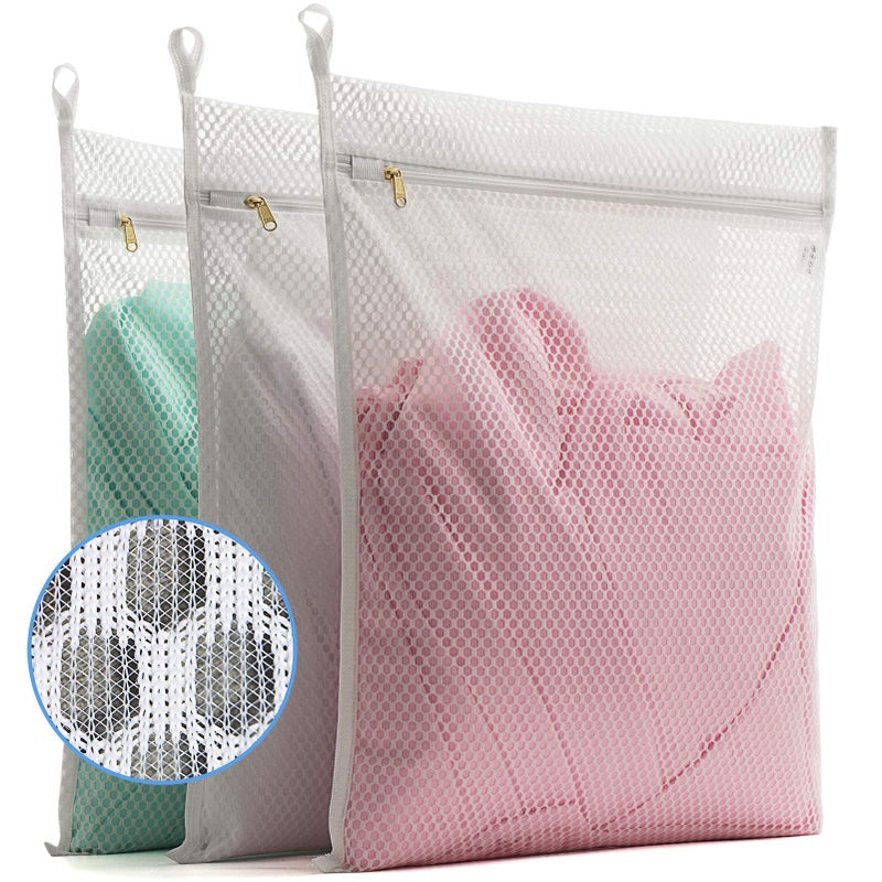 TENRAI TENRAI 3 Pack 3 Large Delicates Honeycomb Mesh Laundry Bags Socks Fine Mesh Wash Bag for Underwear Lingerie Bra Boxer Use YKK Zipper Have Hanger Loops White 