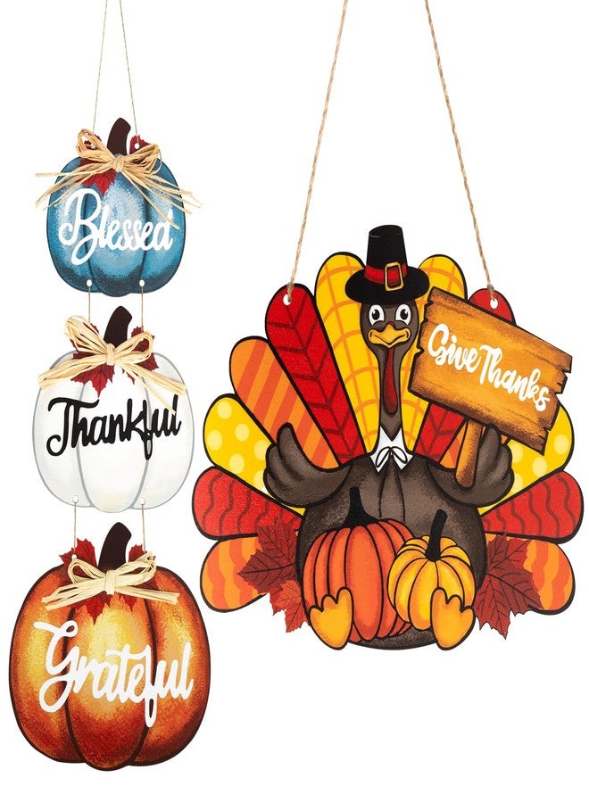 Sophena Thanksgiving Decoration Wood Pumpkin Turkey Door Wall Wreath for Front Door Sign Thankful Blessed Grateful, Pumpkin Sign for Fall Autumn Harvest Home Thanksgiving Party Outdoor Halloween Decoration - Image 1