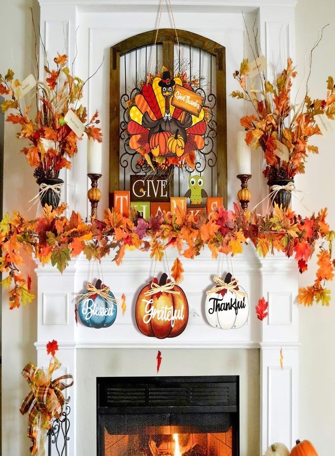 Sophena Thanksgiving Decoration Wood Pumpkin Turkey Door Wall Wreath for Front Door Sign Thankful Blessed Grateful, Pumpkin Sign for Fall Autumn Harvest Home Thanksgiving Party Outdoor Halloween Decoration - Image 5