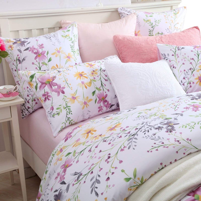 Brandream Floral Bedding Watercolor Design Twin Size Duvet Cover Set Farmhouse Dorm Bedding Super Soft Egyptian Cotton 3 Piece Modern  White Pink Purple