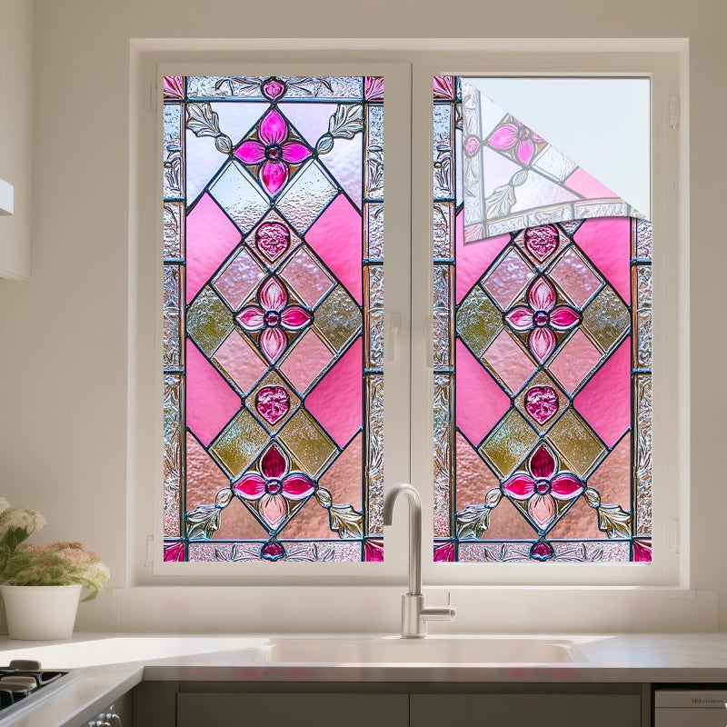 IVN Stained Glass Window Film Rose Floral Design 17.7x39.3 inch Window Privacy Film Stained Decals Static Cling Sun Blocking Decor for Home Office Windows Door Glass Partitions - Image 5