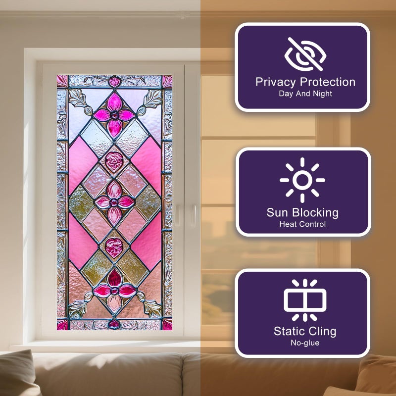 IVN Stained Glass Window Film Rose Floral Design 17.7x39.3 inch Window Privacy Film Stained Decals Static Cling Sun Blocking Decor for Home Office Windows Door Glass Partitions - Image 2
