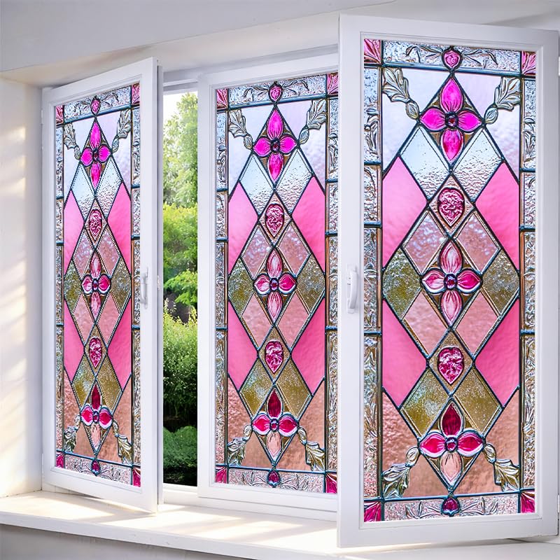 IVN Stained Glass Window Film Rose Floral Design 17.7x39.3 inch Window Privacy Film Stained Decals Static Cling Sun Blocking Decor for Home Office Windows Door Glass Partitions - Image 1