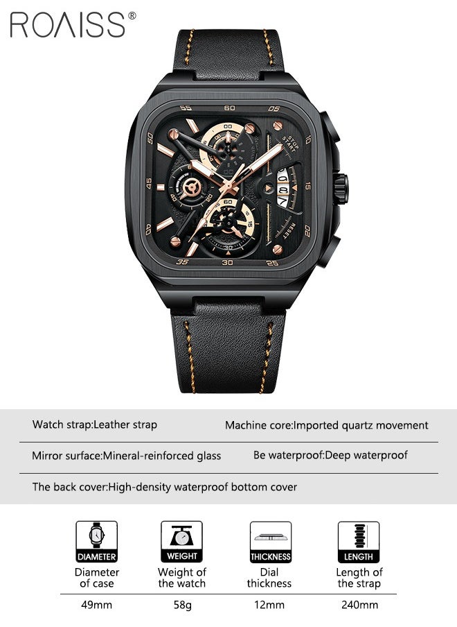 roaiss Men's Leather Strap Chronograph Quartz Watch Square Black Dial with Gold Numbers Waterproof Luminous Wristwatch as Gift for Men  - Image 5