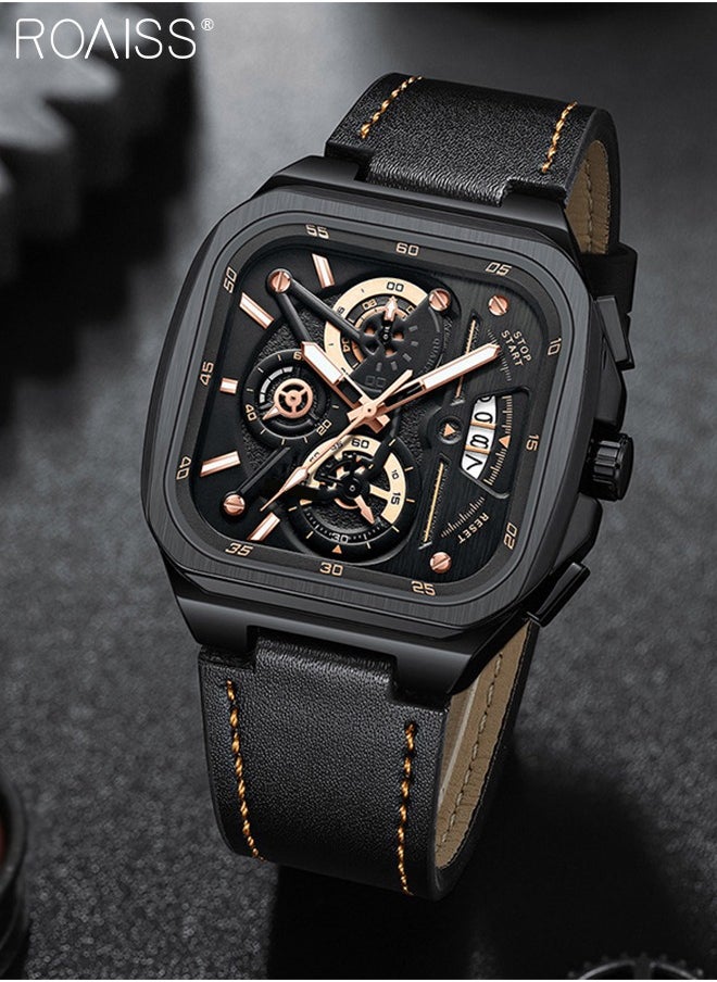roaiss Men's Leather Strap Chronograph Quartz Watch Square Black Dial with Gold Numbers Waterproof Luminous Wristwatch as Gift for Men  - Image 3