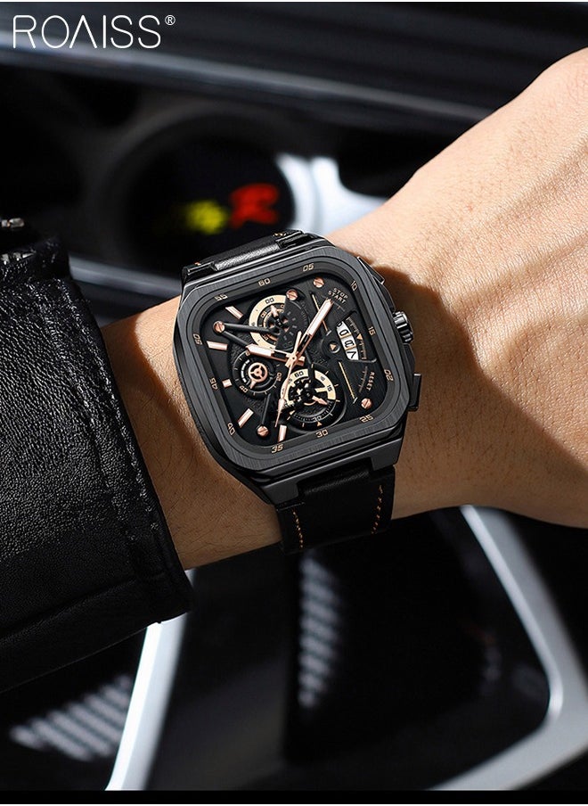 roaiss Men's Leather Strap Chronograph Quartz Watch Square Black Dial with Gold Numbers Waterproof Luminous Wristwatch as Gift for Men  - Image 2