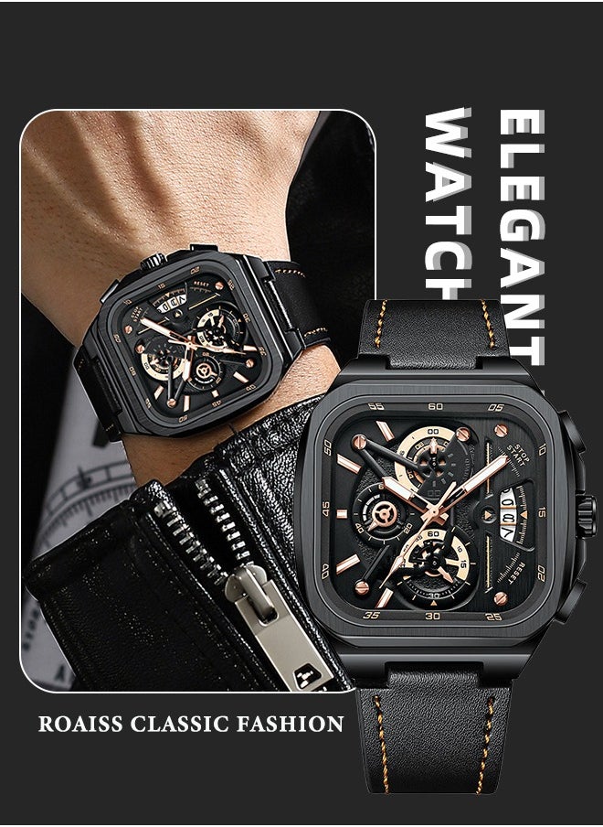 roaiss Men's Leather Strap Chronograph Quartz Watch Square Black Dial with Gold Numbers Waterproof Luminous Wristwatch as Gift for Men  - Image 1