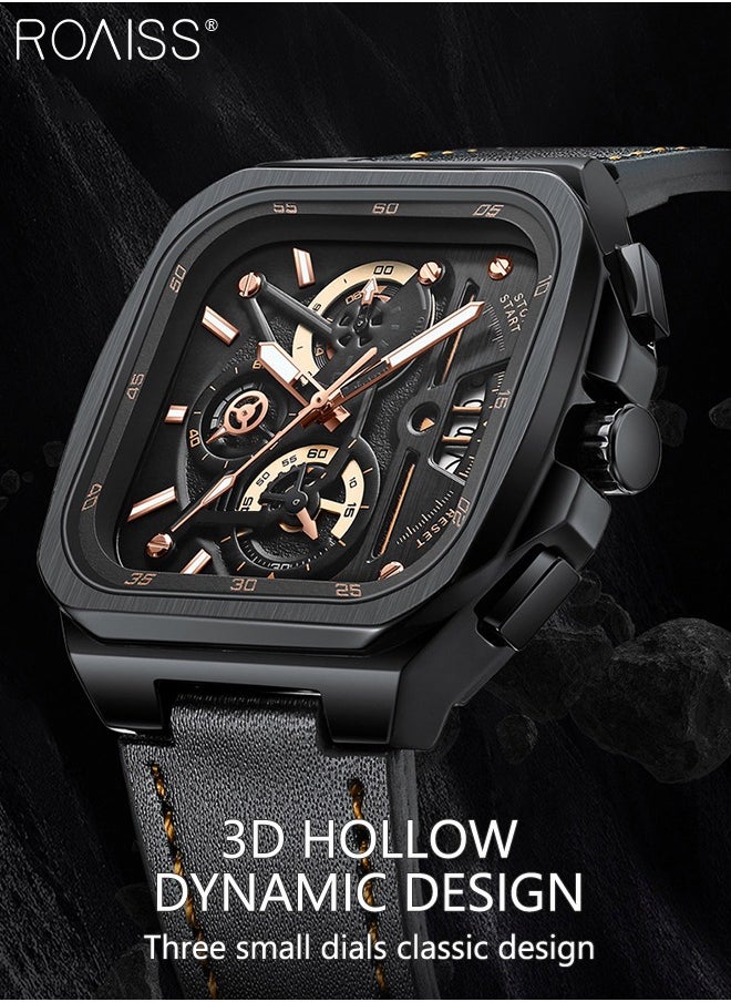 roaiss Men's Leather Strap Chronograph Quartz Watch Square Black Dial with Gold Numbers Waterproof Luminous Wristwatch as Gift for Men  - Image 4