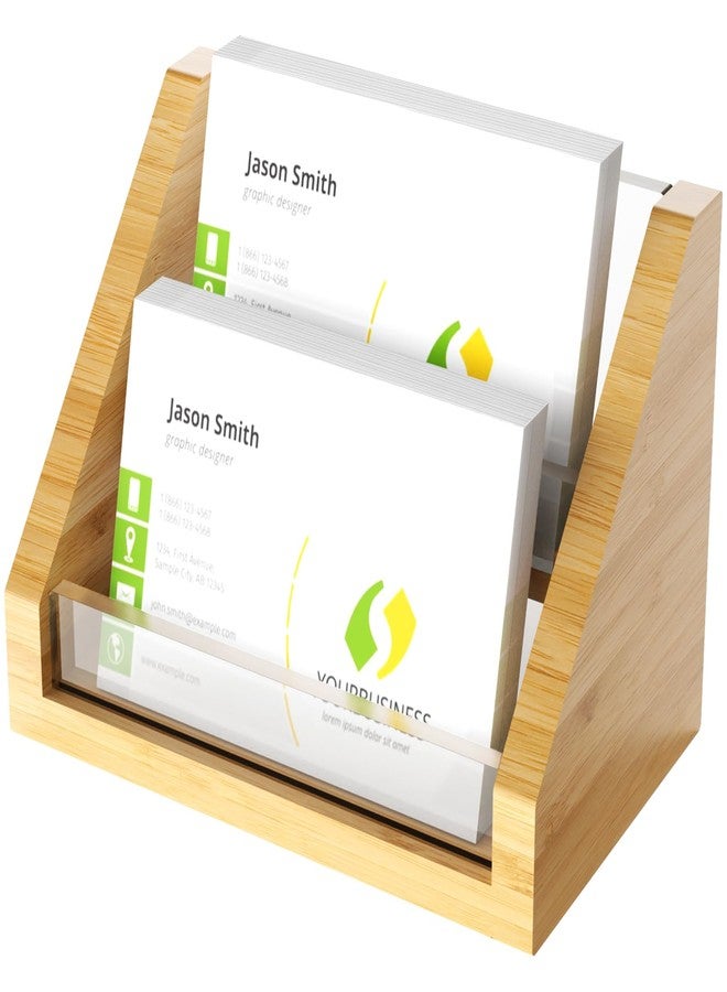 NiOffice Sleek Bamboo Acrylic Business Card Holder for Reception, Office Desk, Meetings, Trade Shows, Home Office, Versatile Use Professional Display, Natural Modern Blend Elegant Organizer (2 Tiers) - Image 1