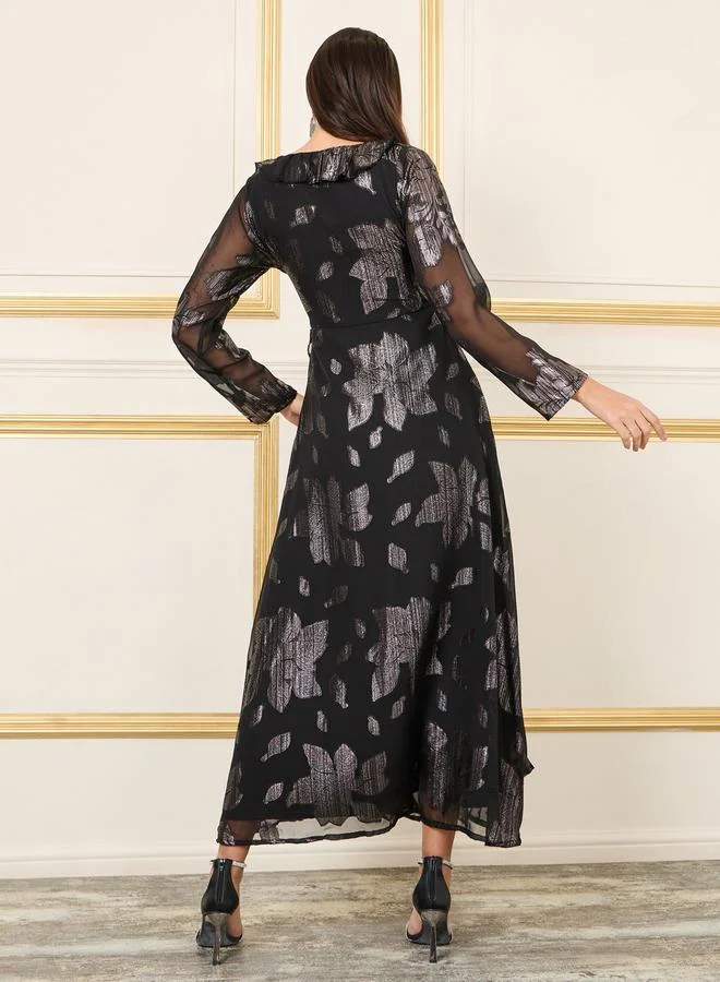 Styli Lurex Texture Mesh Tiered Maxi Dress