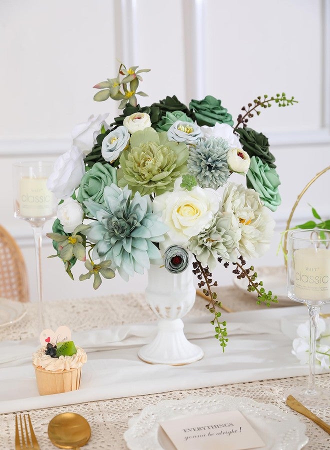 Kisflower Green Artificial Flowers Combo Cake Flowers Decorations Fake Hydrangea Dahlia Silk Roses Gift Box for DIY Wedding Bridal Bouquet Centerpieces Arrangements Party Holiday Decor (Forest Green) - Image 5