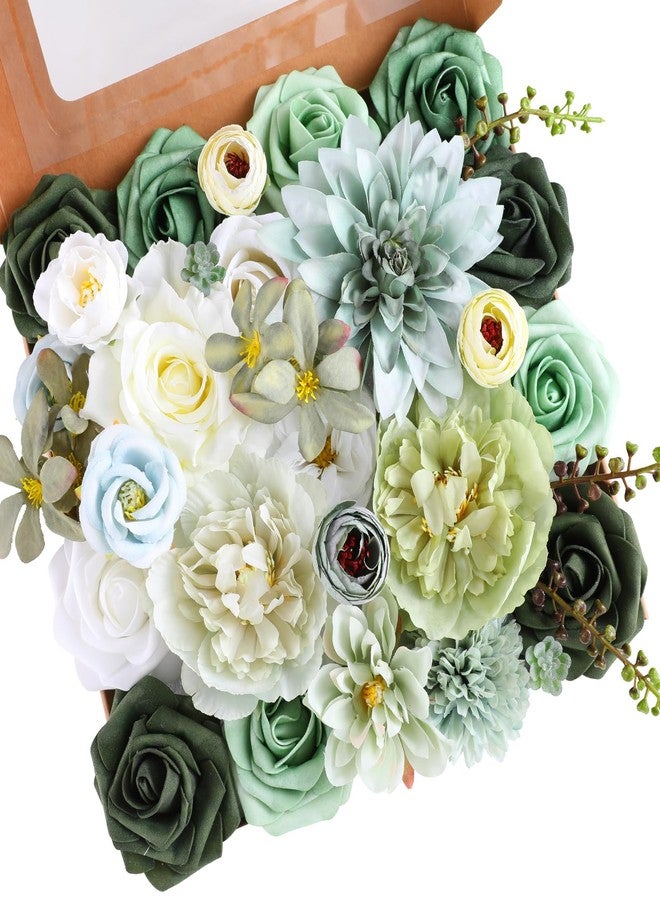Kisflower Green Artificial Flowers Combo Cake Flowers Decorations Fake Hydrangea Dahlia Silk Roses Gift Box for DIY Wedding Bridal Bouquet Centerpieces Arrangements Party Holiday Decor (Forest Green) - Image 1