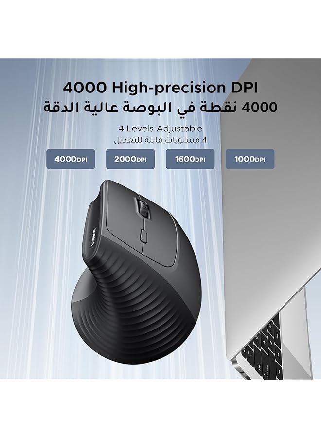 يو جرين ماوس عمودي مريح 2.4 جيجاهرتز لاسلكي بصري 3 نقاط في البوصة قابلة للتعديل 800/1200/1600 مستوى 6 أزرار لأجهزة الكمبيوتر المحمولة والأجهزة اللوحية وما إلى ذلك ماوس أسود - Image 4