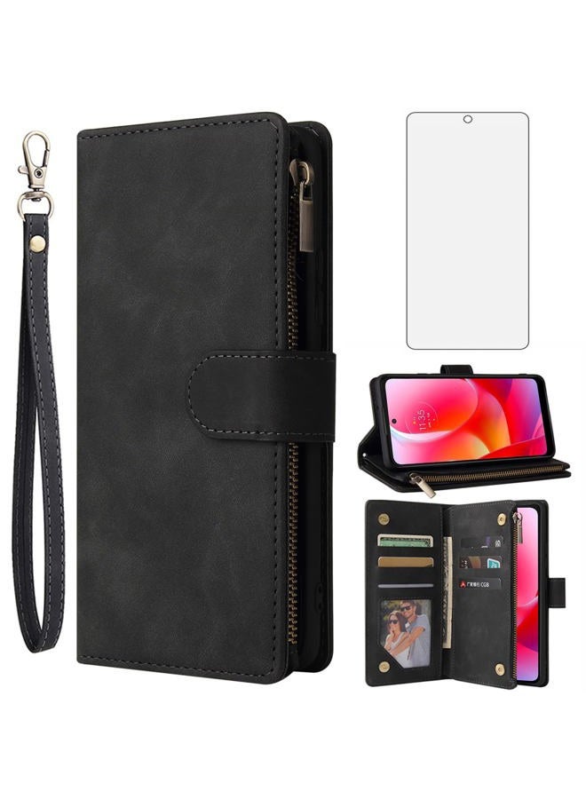 Asuwish Compatible with Motorola Moto G Power 2022 5G/MotoG Pure 2021 Wallet Case Tempered Glass Screen Protector Flip Cover Card Holder Cell Phone Cases for MotoGPure GPure XT2165DL XT2163DL Black - Image 1