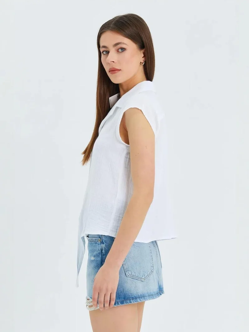 MixRay White Mixray Crop Shirt with Bow Detail for Women | Best Price UAE