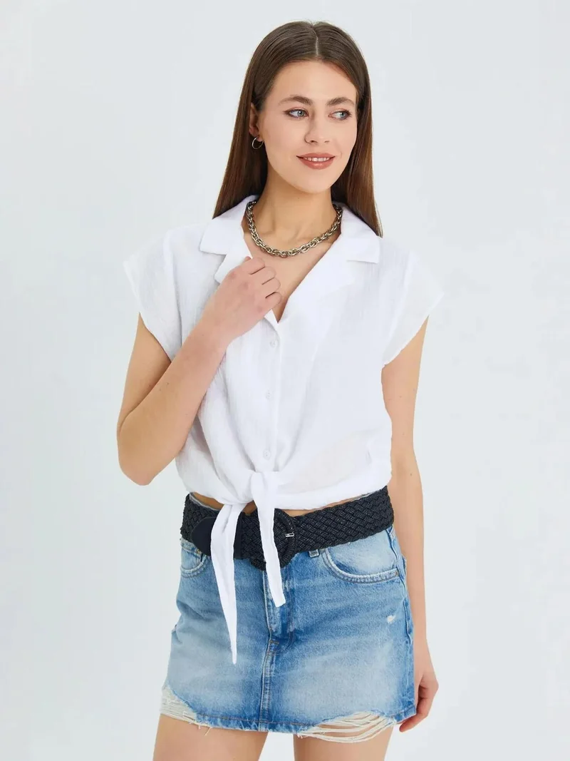 MixRay White Mixray Crop Shirt with Bow Detail for Women | Best Price UAE