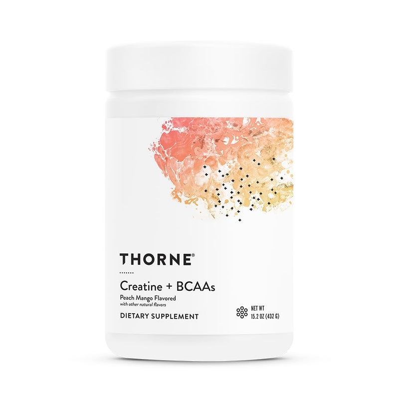 Thorne Creatine + BCAAs Peach Mango Flavored with other natural flavors DIETARY SUPPLEMENT NET WT 15.2 OZ (432 G) - Image 1