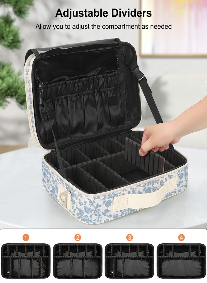 Relavel Makeup Bag Travel Train Case for Women and Girls, Cute Cosmetic Storage Organizer Box Portable Shoulder Bag with Adjustable Dividers and Makeup Brush Comparment, Floral Print - Image 2