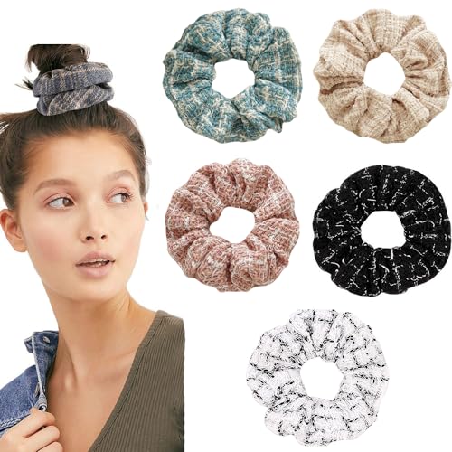 DINPREY Colorful Velvet Hair Ties Set - 6 Large Hair Bobbles for Ponytail Holders with Plaid Patterns and Strong Elastic - Image 1