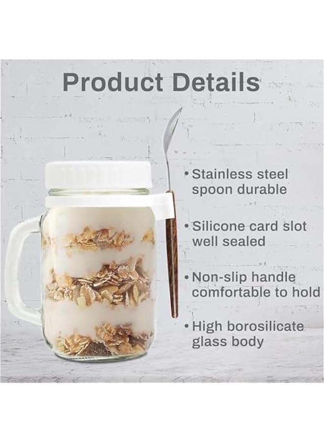 هوكور HOOKOR 2 PCS Overnight Oat Jars, with Lid, Spoon and Handle, 480ml for Overnight Oats, Oatmeal, Yogurt, Parfait, Chia Pudidng, Salad, Cereal, Fruit (White+Grey) - Image 4