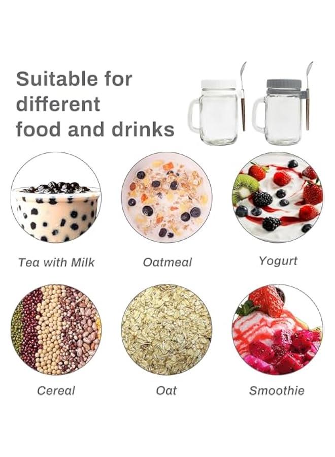 هوكور HOOKOR 2 PCS Overnight Oat Jars, with Lid, Spoon and Handle, 480ml for Overnight Oats, Oatmeal, Yogurt, Parfait, Chia Pudidng, Salad, Cereal, Fruit (White+Grey) - Image 5