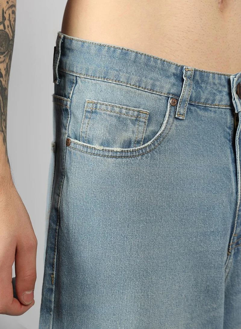 HIGH STAR Men's Indigo 100% Cotton Bleached Full Length Baggy Jeans