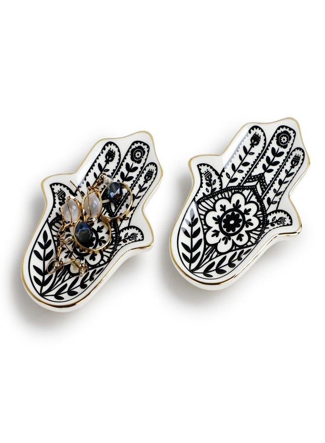 DSIOHFEI 2pcs Jewelry Trinket Ring Dish, Ceramic Trinket Tray Key Bowl, Small Hamsa Evil Eye Boho Decorative Plate for Earrings Rings Necklaces Keys, Ring Holder for Women Friends Sisters Mother - Image 1