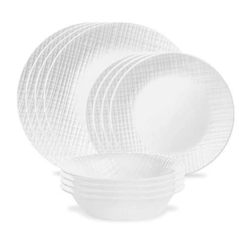 Corelle Linen Weave 12pc, Service for 4, Dinnerware Set, 8 plates 4 bowls, Chip & Break Resistant, Dinner Corelleware Plates - Image 1