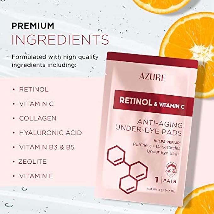 Azure Retinol & Vitamin C Anti Aging Under Eye Pads - Hydrating & Refreshing Eye Mask Patches - Reduces Fine Lines, Wrinkles, Dark Circles & Puffiness - Skin Care Made in Korea - 5 Pairs - Image 3