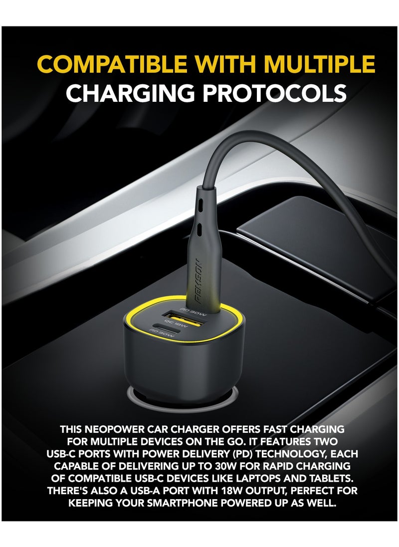 Remson - Remson Neo Power Car Charger 60W Power Delivery 2 PD USB-C / 1 QC USB-A Compatible with iPhone 16 Pro Max , MacBook Pro/Air, Samsung S24 Ultra, Steam Deck , etc - Image 1