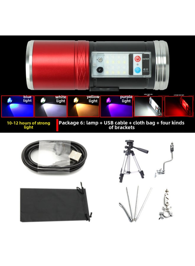 Bright LED High Power Night Fishing Lights Induction USB Rechargeable Blue Light Flashlight Fishing Lights-Color:Package 6: Lamp + Line + Bag + Four Kinds Of Bracket  - Image 1