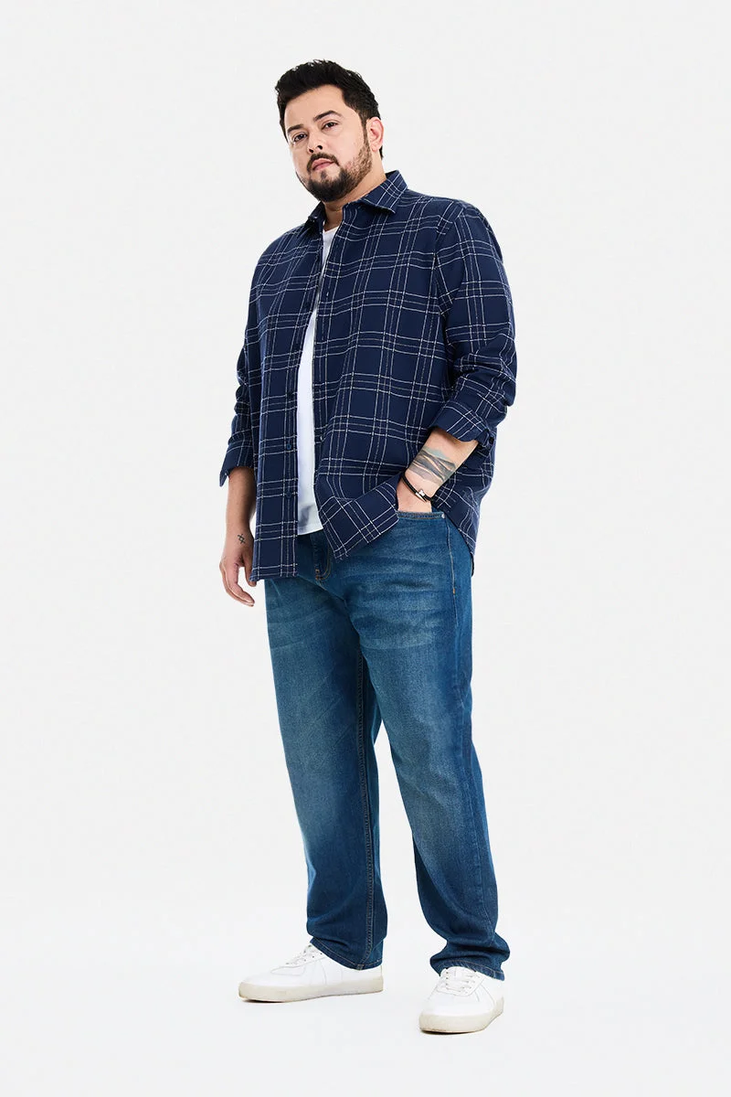 سنيتش Navy Blue Checkered Long Sleeve Regular Fit Casual Plus Size Shirt