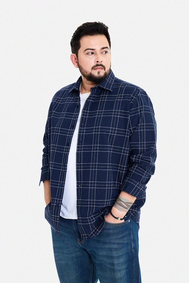 سنيتش Navy Blue Checkered Long Sleeve Regular Fit Casual Plus Size Shirt