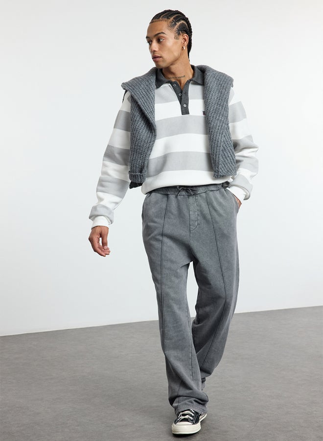 trendyol Anthracite Wide Leg Ribbed Distressed/Faded Effect Basic Sweatpants TMNAW25EA00007  - Image 3