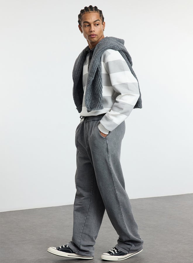 trendyol Anthracite Wide Leg Ribbed Distressed/Faded Effect Basic Sweatpants TMNAW25EA00007  - Image 2