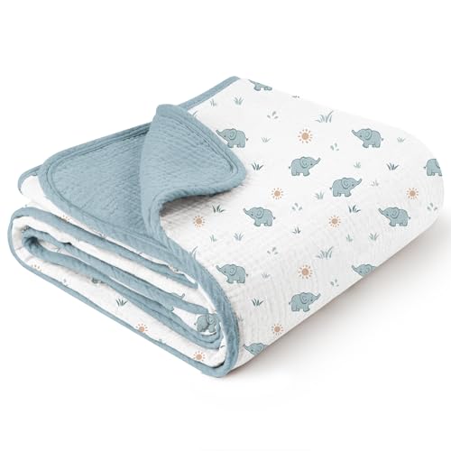 Konssy Muslin Baby Blankets for Girls Boys, 100% Cotton Crib Blanket for Baby Infant Toddler, Super Soft and Lightweight Nursery Blankets 40"x36" (Elephant) - Image 1
