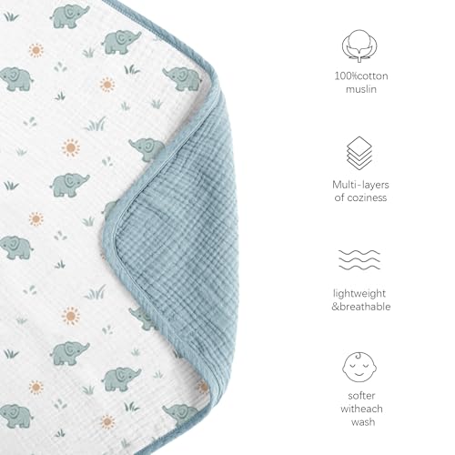Konssy Muslin Baby Blankets for Girls Boys, 100% Cotton Crib Blanket for Baby Infant Toddler, Super Soft and Lightweight Nursery Blankets 40"x36" (Elephant) - Image 3