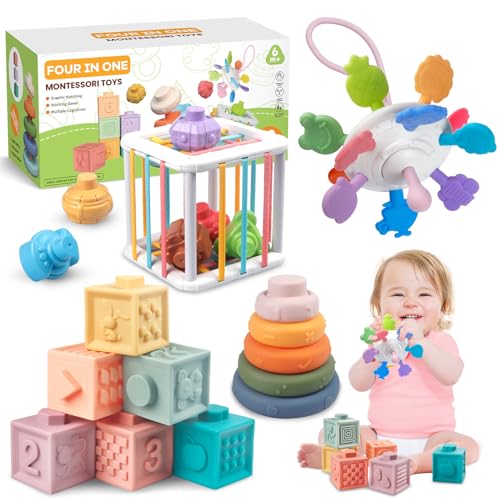 Plunack 4in1 Baby Toys Montessori Soft Stacking Blocks for Babies Infants Teething Toys Sensory Balls and Educational Learning Set for Toddlers Boys Girls - Image 1