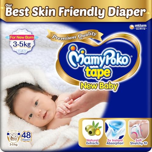 Mamypoko New Baby| Tape Style Baby Diapers, 48 Count, 3-5kg||2x Instant Absorption| Soft stretchy fit |Natural Extracts for Nourishment | Loose Stool Stopper, Wetness Indicator - Image 1