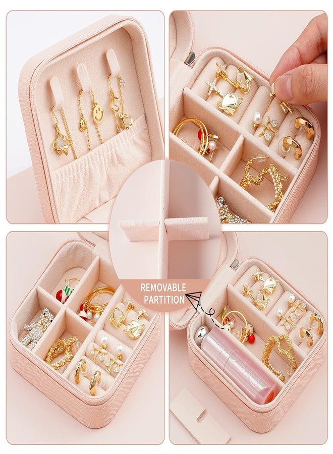 Luxoper PU Leather Mini Jewelry Organizer Box PU Leather with Zipper - Portable Storage Case with Dividers for Rings, Earrings, Necklace, Travel Jewelry Case for Women (Pink) - Image 2