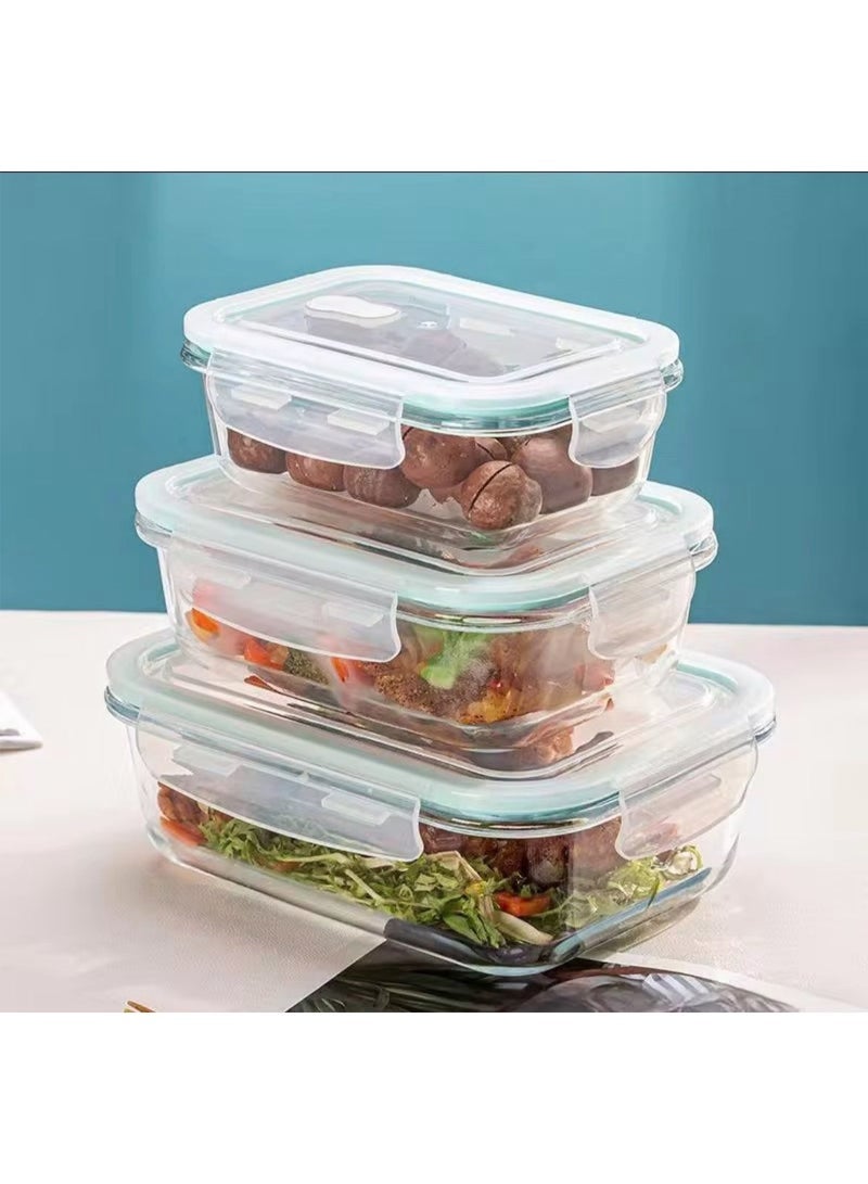High Quality Glass Food Container Set Made of High Borosilicate Glass, Rectangular Shape with Snap Closure, Leakproof Glass Meal Prep, BPA Free, Set of 3 (410ml + 680ml + 1040ml) - Clear - Image 1
